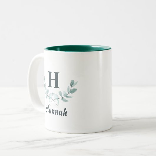 Hunter Green Eucalyptus Leaf Mit Monogramm Zweifarbige Tasse (Vorderseite Links)