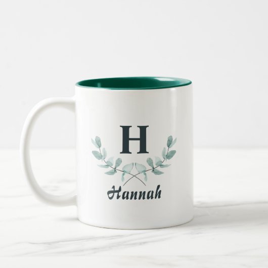 Hunter Green Eucalyptus Leaf Mit Monogramm Zweifarbige Tasse (Links)