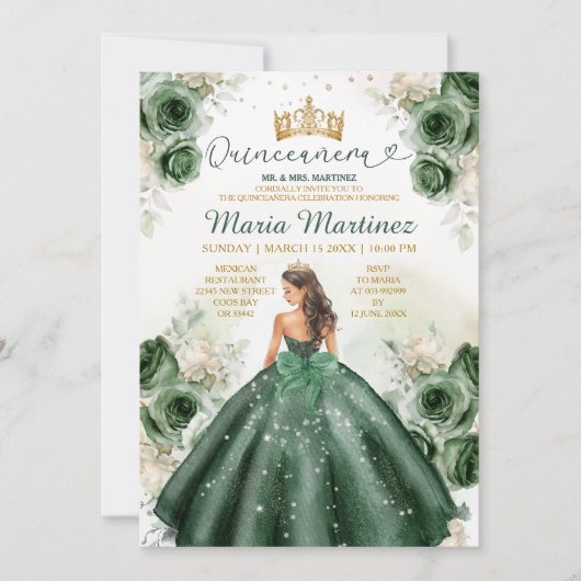 Hunter Green Floral Princess Gold Quiñceanera Einladung (Vorderseite)