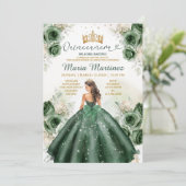 Hunter Green Floral Princess Gold Quiñceanera Einladung (Stehend Vorderseite)