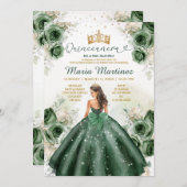 Hunter Green Floral Princess Gold Quiñceanera Einladung (Vorne/Hinten)