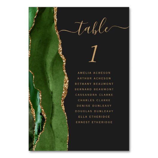 Hunter Green Gold Agate Dark Wedding Tischnummer (Vorderseite)