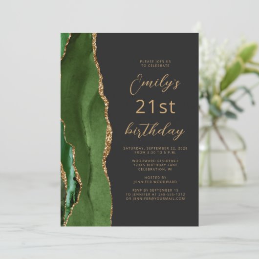 Hunter Green Gold Agate Slate Script 21. Geburtsta Einladung (Stehend Vorderseite)