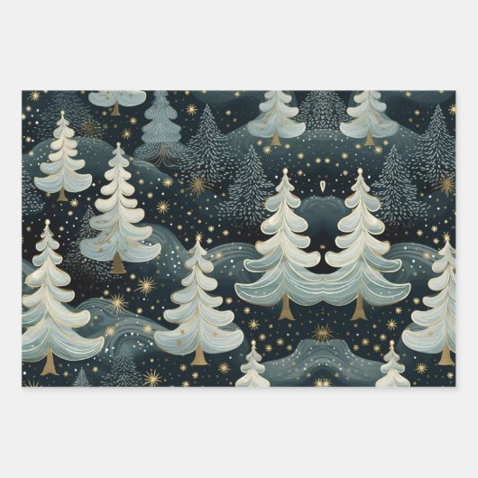 Hunter Green Gold Brushed Stars Urlaubsmuster Geschenkpapier Set (Vorderseite 3)