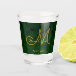 Hunter Green Gold Hochzeitsempfangsmonogramm Schnapsglas