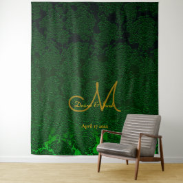 Hunter Green Gold Monogram Wedding Foto Booth Wandteppich