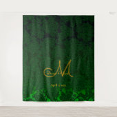 Hunter Green Gold Monogram Wedding Foto Booth Wandteppich (Vorderseite)