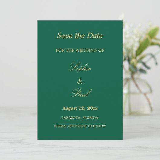 Hunter Green Golden Beige Save the Date (Stehend Vorderseite)