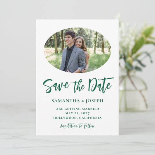 Hunter Green handgeschriebenes Skript Oval-Foto Save The Date (Stehend Vorderseite)