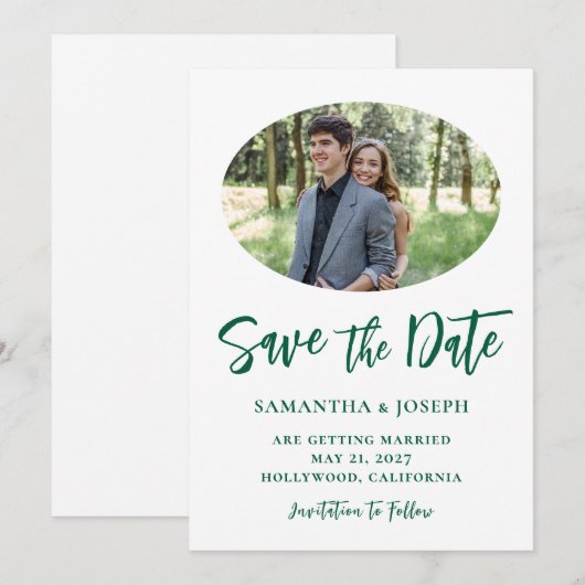 Hunter Green handgeschriebenes Skript Oval-Foto Save The Date (Vorne/Hinten)
