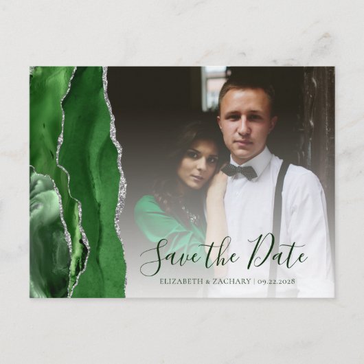 Hunter Green Silver Agate Foto Save the Date Postkarte (Vorderseite)