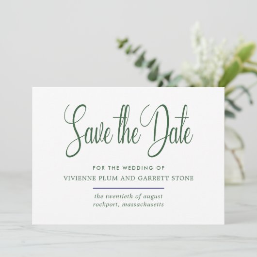 Hunter Green & White Calligraphy Save the Date (Stehend Vorderseite)