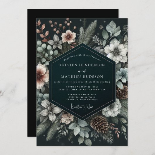 Hunter Wintry Pine Wedding Einladung (Vorne/Hinten)