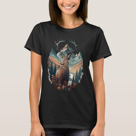 Hunter's Haven Epic Deer Standing In Mountain View T-Shirt (Vorderseite)