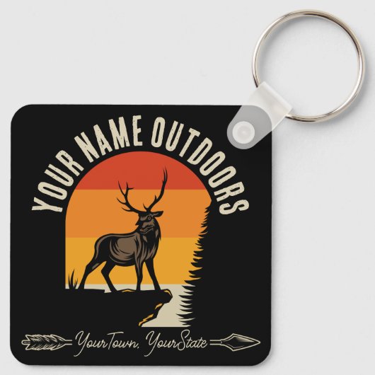 Hunting ADD NAME Outdoors Deer Elk Wilderness Camp Schlüsselanhänger (Rückseite)