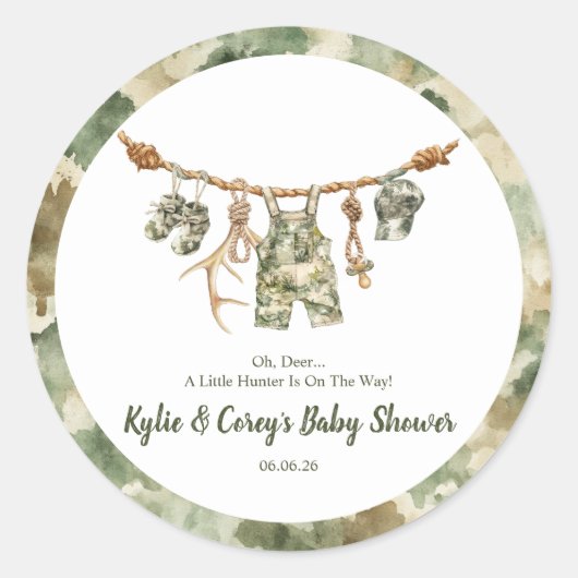 Hunting Clothesline Camo Boy Baby Shower Runder Aufkleber (Vorderseite)