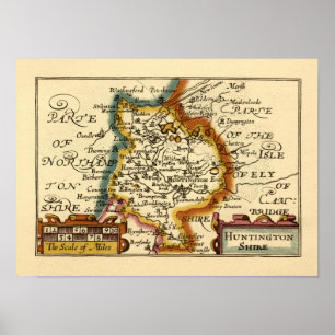 Huntingdonshire Landkreis England Alte antike Kart Poster