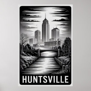 Huntsville Alabama Skyline Schwarz Weiß Holzschnit Poster