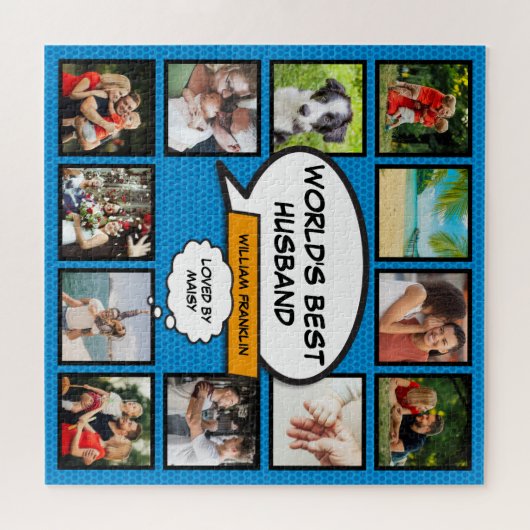 Husband 12 Foto Collage Comic Book Fun Blue Puzzle (Horizontal)