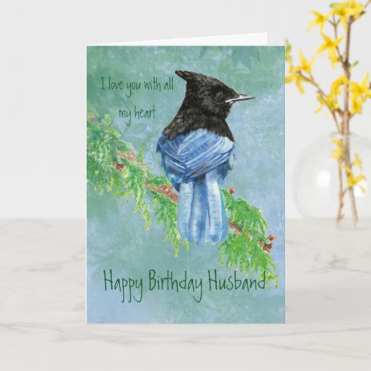 Husband Birthday Liebe my Heart Stellar Jay Bird Karte (Gelbe Blume)