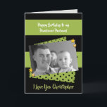Husband green & black Birthday foto greeting Karte<br><div class="desc">Personalize this birthday Card for your Husband. Designed in black and lime green with polka dots,  gold stars and hearts. Replace the foto with your own,  add his name,  and change the text to suit. ***Samplefotografien gegenüber Lynnnrosedesigns**</div>