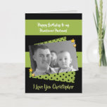 Husband green & black Birthday foto greeting Karte<br><div class="desc">Personalize this birthday Card for your Husband. Designed in black and lime green with polka dots,  gold stars and hearts. Replace the foto with your own,  add his name,  and change the text to suit. ***Samplefotografien gegenüber Lynnnrosedesigns**</div>