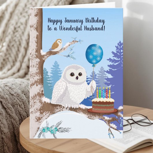Husband Happy January Birthday Snowy Owl Karte