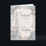 Husband Romantic Birthday Eiffel Tower Karte<br><div class="desc">Die romantische Karte zum Geburtstag des Ehemannes hat eine blau-graue Blumengrenze,  eine Skizze des Eiffelturms und zwei subtile Herzen im Hintergrund. Entworfen von Simply Put by Robin; Elemente aus dem Hungry Jpeg.</div>