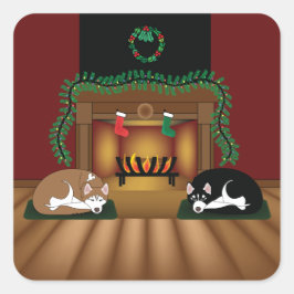 Huskies des Urlaubs durch die Feuerstelle Quadratischer Aufkleber