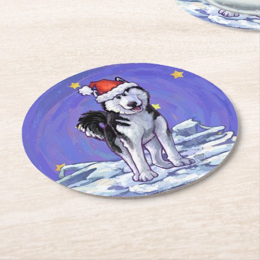 Husky Christmas Runder Pappuntersetzer (Angewinkelt)