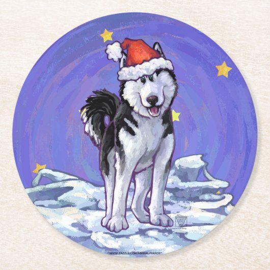 Husky Christmas Runder Pappuntersetzer (Vorderseite)