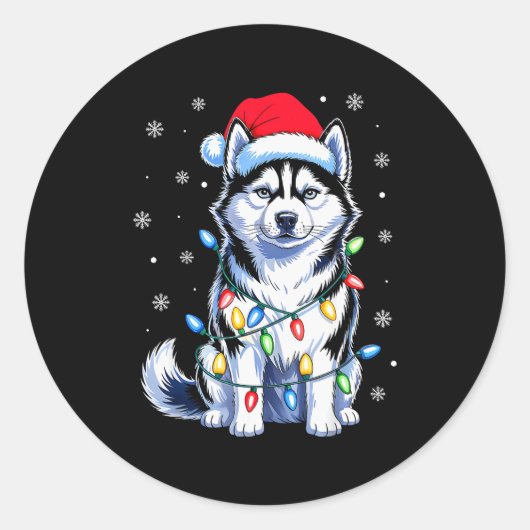 Husky Dog Christmas Lights Santa Hat Family Xmas P Runder Aufkleber (Vorderseite)