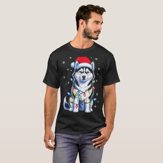 Husky Dog Christmas Lights Santa Hat Family Xmas P T-Shirt (Vorne ganz)