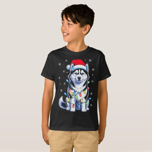 Husky Dog Christmas Lights Santa Hat Family Xmas P T-Shirt (Vorne ganz)