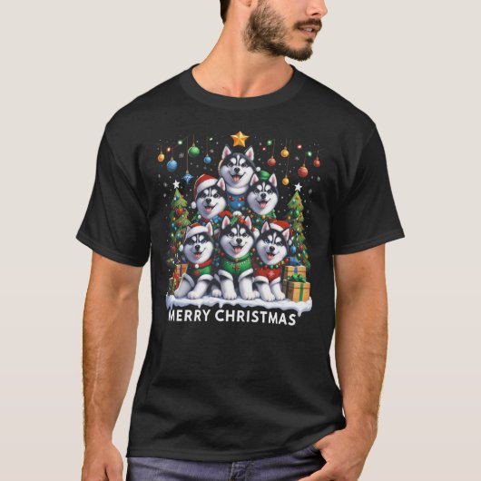 Husky Dog Christmas Tree Merry Christmas Matching T-Shirt (Vorderseite)