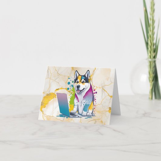 Husky Dog Computer Rainbow Watercolor Tech Savvy Dankeskarte (Vorderseite)