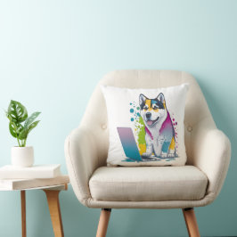 Husky Dog Computer Rainbow Watercolor Tech Savvy Kissen