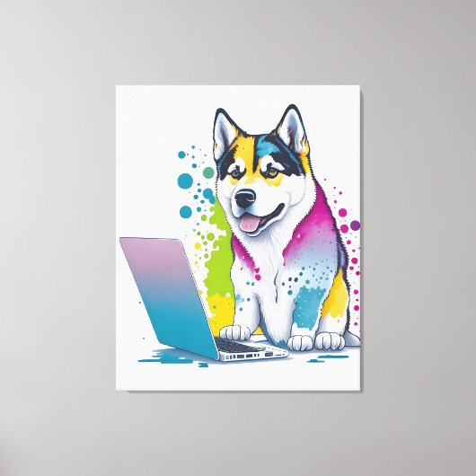 Husky Dog Computer Rainbow Watercolor Tech Savvy Leinwanddruck (Vorderseite)