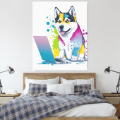Husky Dog Computer Rainbow Watercolor Tech Savvy Leinwanddruck (Insitu (Schlafzimmer))