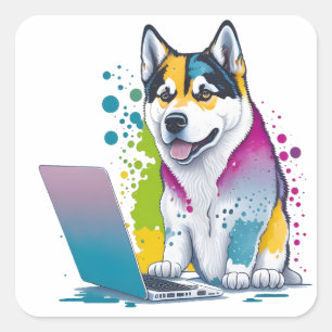 Husky Dog Computer Rainbow Watercolor Tech Savvy Quadratischer Aufkleber
