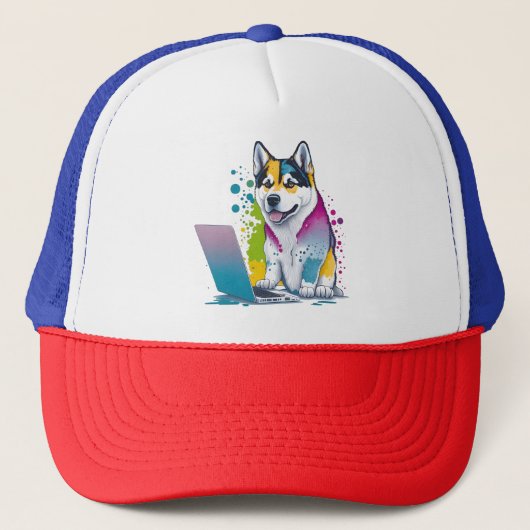 Husky Dog Computer Rainbow Watercolor Tech Savvy Truckerkappe (Vorderseite)
