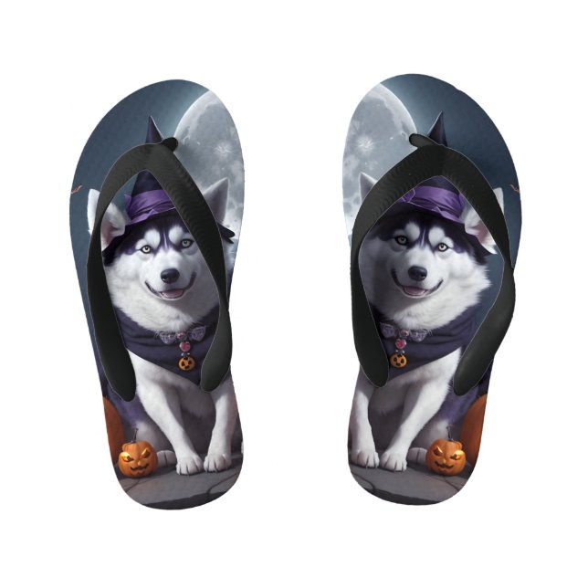 Husky Dog Halloween Adventure Moonlit Magic Spooky Kinderbadesandalen (Fußbett)
