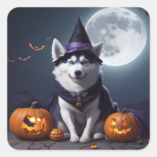 Husky Dog Halloween Adventure Moonlit Magic Spooky Quadratischer Aufkleber (Vorderseite)