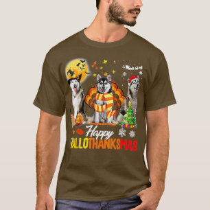 Husky Dog Happy Hallothanksmas Halloween Thanksgiv T-Shirt
