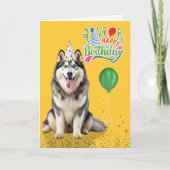 Husky Dog in a Party Hat on Yellow Birthday Karte (Vorderseite)