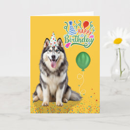 Husky Dog in a Party Hat on Yellow Birthday Karte