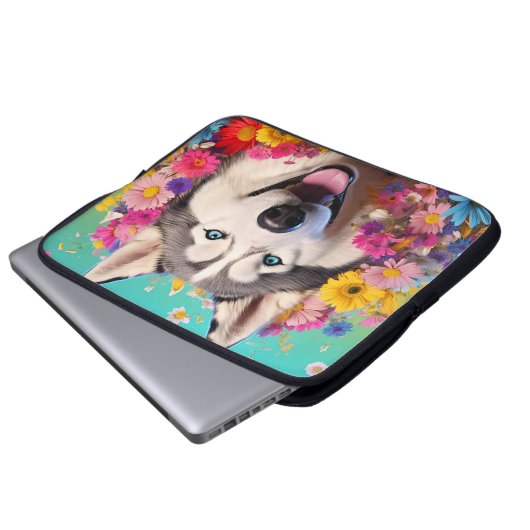 Husky Dog Laptop-Tasche mit Blumendesign Laptopschutzhülle (Vorne Knopf)