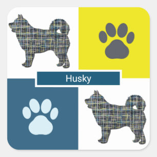 Husky Dog & Paw Y&B Grid Square Sticker