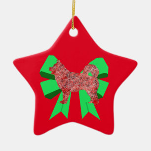 Husky Dog Silhouette Red & Green Bow Keramik Ornament