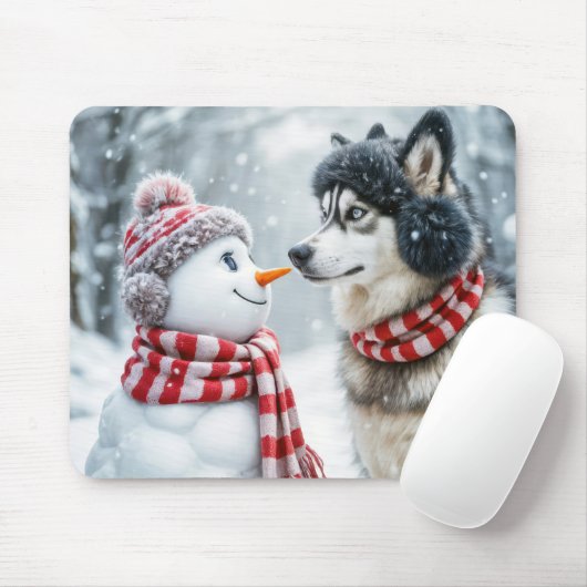 Husky Dog und Snowman Friends Mousepad (Mit Mouse)